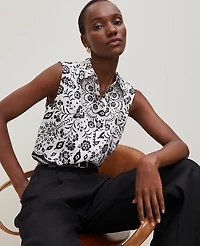 Ann Taylor Petite Tiled Shirred Sleeveless Shirt Black Women's