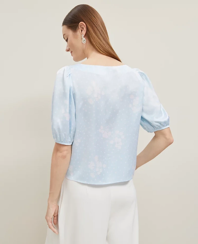 Ann Taylor Floral Boatneck Popover Top Zephyr Blue B Women's