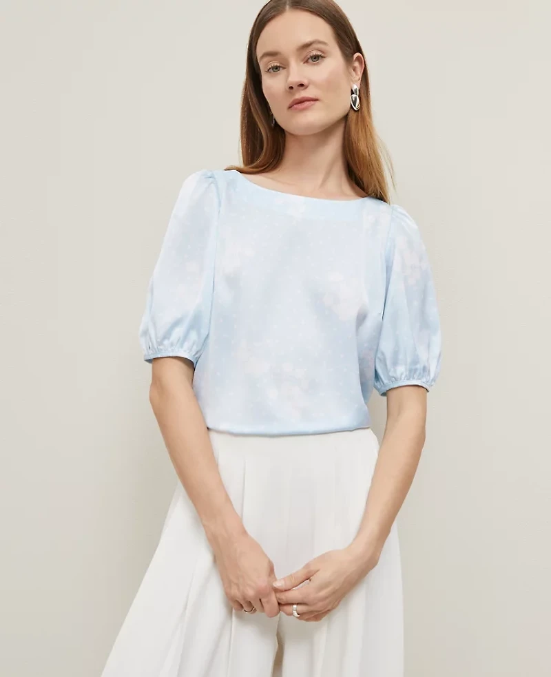 Ann Taylor Floral Boatneck Popover Top Zephyr Blue B Women's