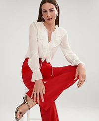 Ann Taylor Petite Tie Neck Ruffle Popover Top Winter White Women's