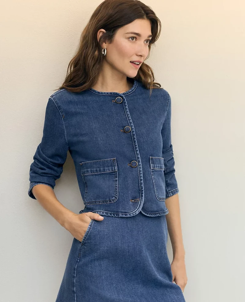 Ann Taylor Weekend Collection Crew Neck Denim Jacket Classic Indigo Wash Women's