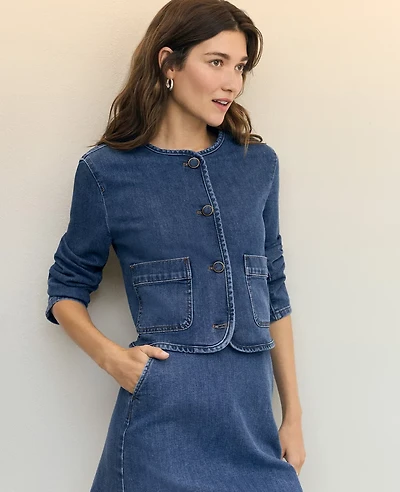 Ann Taylor Weekend Collection Crew Neck Denim Jacket Classic Indigo Wash Women's