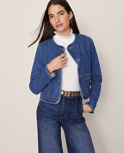 Ann Taylor Weekend Collection Crew Neck Denim Jacket Classic Indigo Wash Women's