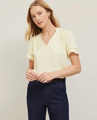 Ann Taylor Lace Trim Mixed Media Top Size Large Yellow Buttercream Women's