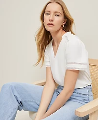 Ann Taylor Lace Trim Mixed Media Top Winter White Women's