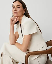 Ann Taylor The Petite Short Sleeve Blazer in Fluid Crepe Size 16 Ivory Whisper Women's