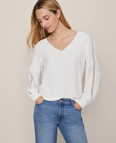 Ann Taylor Lace Trim Top Winter White Women's