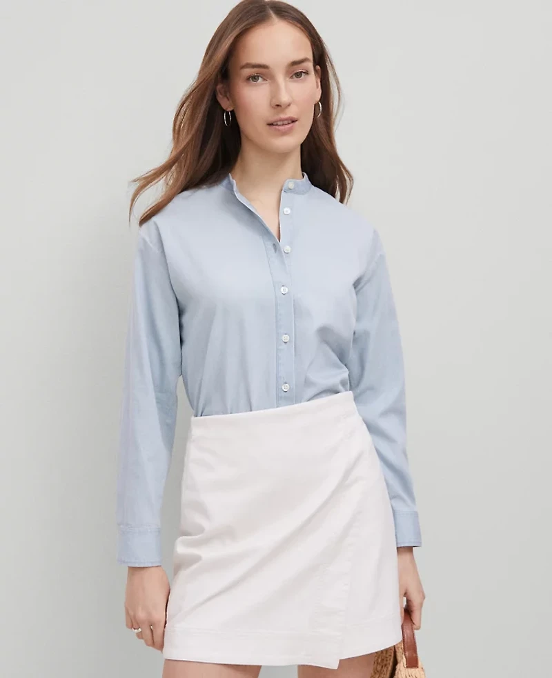 Ann Taylor Petite Weekend Collection Shirt Size 2XS Light Wash Blue Chambray Women's