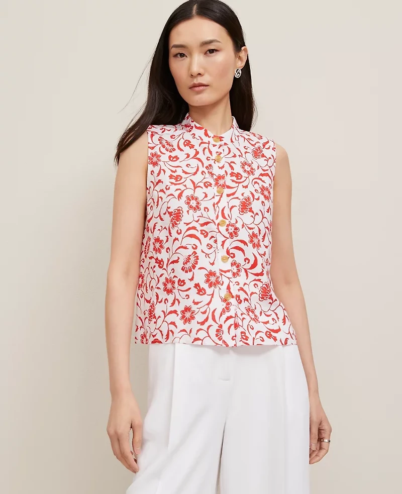 Ann Taylor Floral Linen Sleeveless Shirt Size XL Fiery Red Women's
