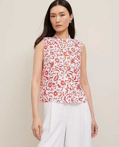 Ann Taylor Floral Linen Sleeveless Shirt Fiery Red Women's