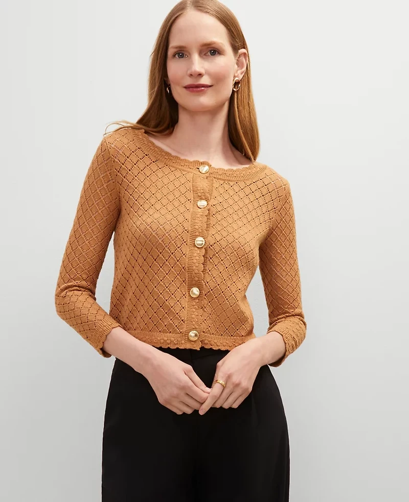Ann Taylor Petite Scalloped Ballet Neck Cardigan Pecan Women's