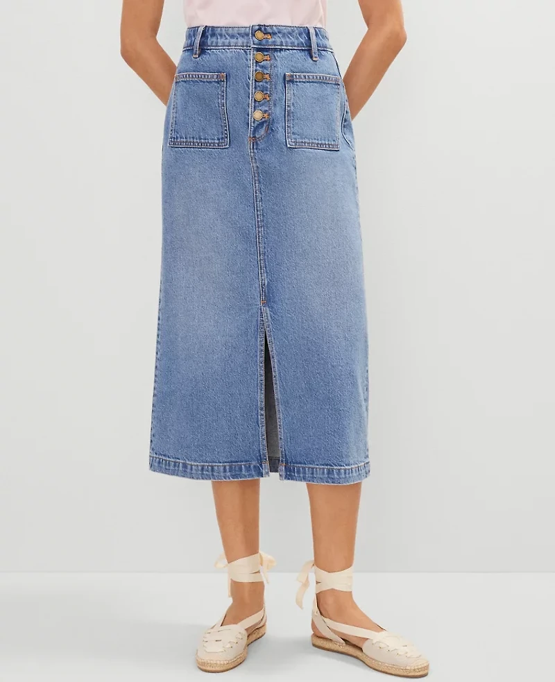 Ann Taylor Petite Weekend Collection Patch Pocket Denim Midi Skirt Size 8 Bright Mid Indigo Wash Women's