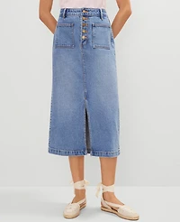 Ann Taylor Petite Weekend Collection Patch Pocket Denim Midi Skirt Size 8 Bright Mid Indigo Wash Women's