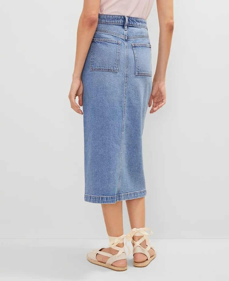 Ann Taylor Petite Weekend Collection Patch Pocket Denim Midi Skirt Size 8 Bright Mid Indigo Wash Women's