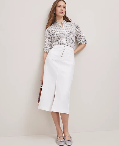 Ann Taylor Petite Weekend Collection Denim Midi Skirt Size 12 White Women's