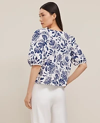 Ann Taylor Petite Paisley Floral Boatneck Popover Top Royalty Blue Women's