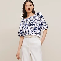 Ann Taylor Petite Paisley Floral Boatneck Popover Top Royalty Blue Women's