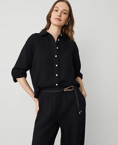Ann Taylor Petite Gauze Oversized Blouse Size XL Black Women's