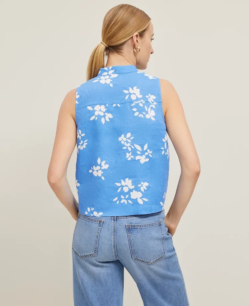 Ann Taylor Floral Linen Sleeveless Shirt Maritime Blue Women's
