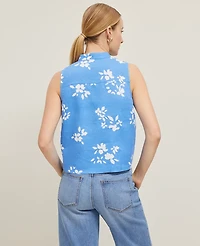 Ann Taylor Floral Linen Sleeveless Shirt Maritime Blue Women's