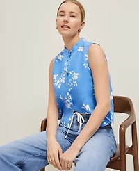 Ann Taylor Floral Linen Sleeveless Shirt Maritime Blue Women's