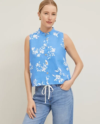 Ann Taylor Floral Linen Sleeveless Shirt Size XL Maritime Blue Women's