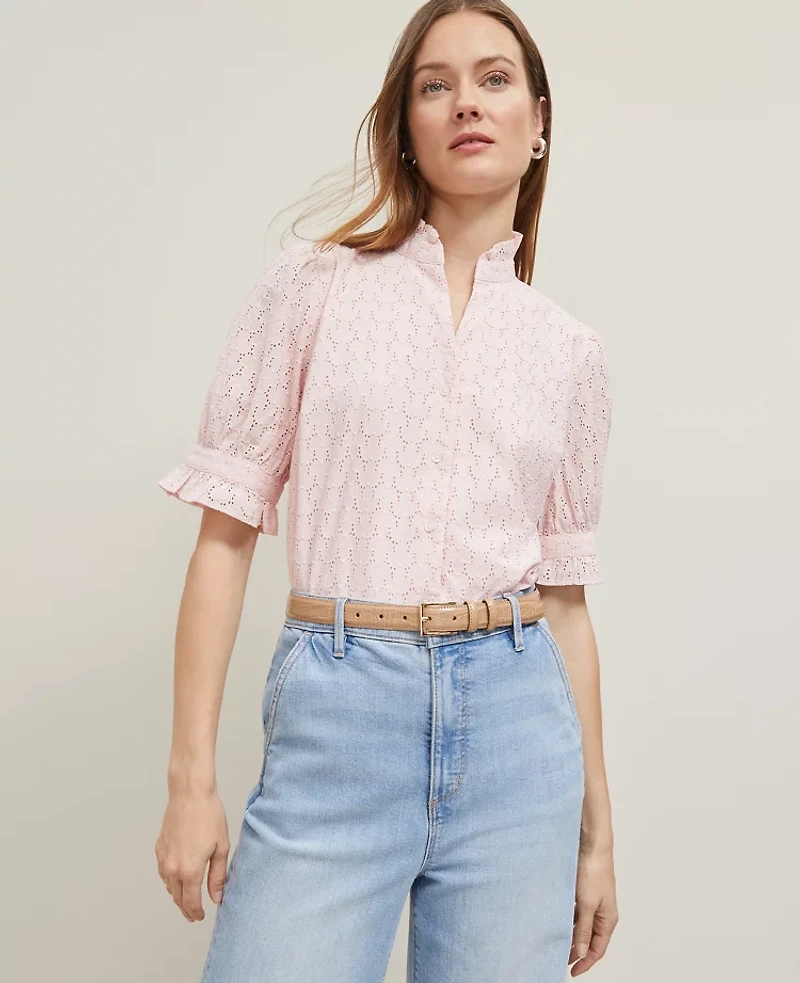 Ann Taylor Eyelet Ruffle Collar Shirt Size Small Potpourri Women's