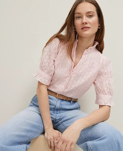 Ann Taylor Eyelet Ruffle Collar Shirt Size Small Potpourri Women's