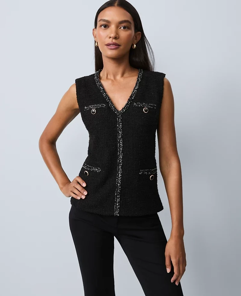 Ann Taylor Tweed Trim Sleeveless Top Black Women's