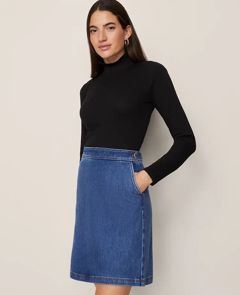 Ann Taylor Weekend Collection Button Waist Denim Shift Skirt Classic Indigo Wash Women's