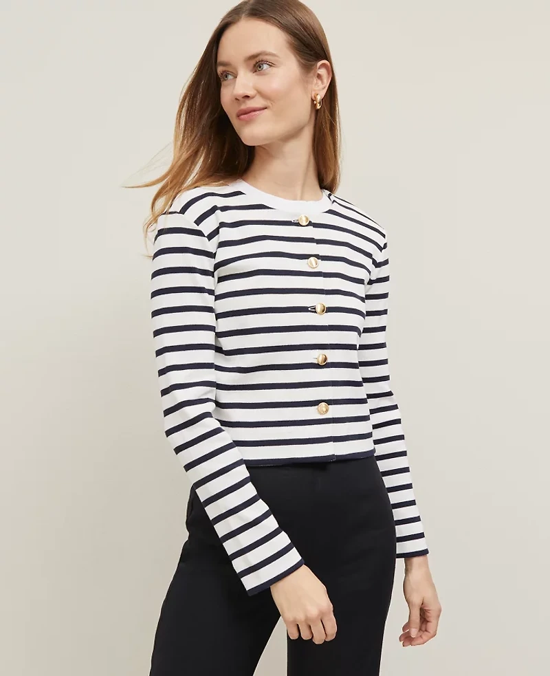 Ann Taylor Petite Striped Knit Jacket Winter White-Night Sky Women's