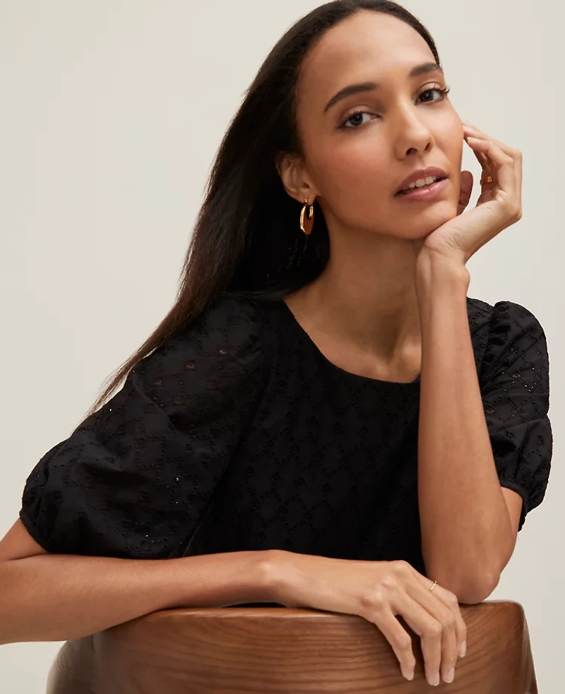 Ann Taylor Petite Eyelet Boatneck Popover Top Size XS Black Women's