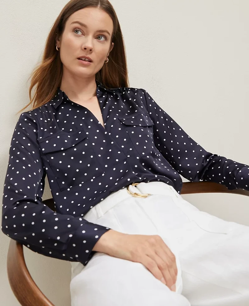 Ann Taylor Petite Dotted Camp Shirt Night Sky-White Women's