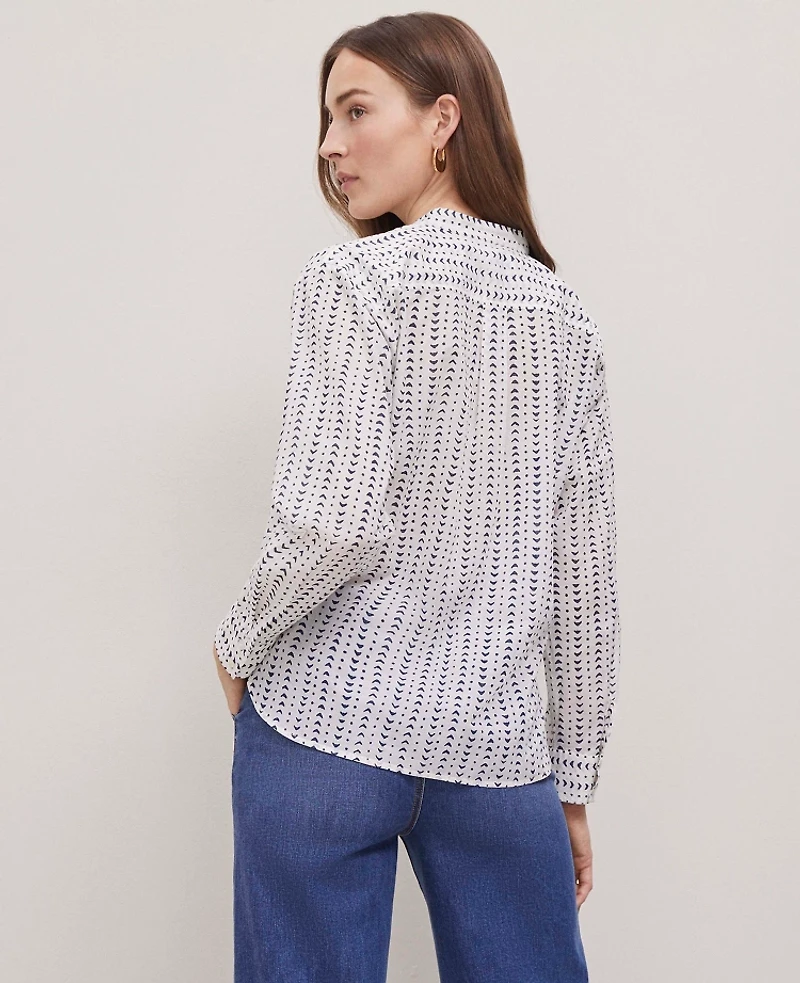 Ann Taylor Petite Weekend Collection Linen Blend Batik Shirt Size Small Winter White Women's