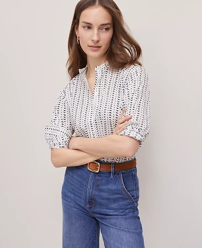 Ann Taylor Petite Weekend Collection Linen Blend Batik Shirt Size Small Winter White Women's