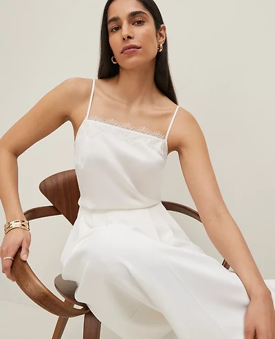 Ann Taylor Petite Lace Trim Square Neck Tank Top Size Medium Winter White Women's