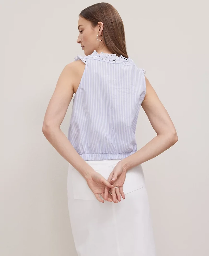 Ann Taylor Weekend Collection Striped Eyelet Tie Neck Top Light Blue Women's