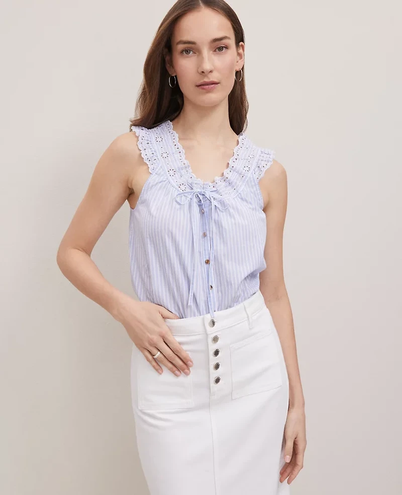 Ann Taylor Weekend Collection Striped Eyelet Tie Neck Top Light Blue Women's