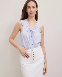 Ann Taylor Weekend Collection Striped Eyelet Tie Neck Top Light Blue Women's