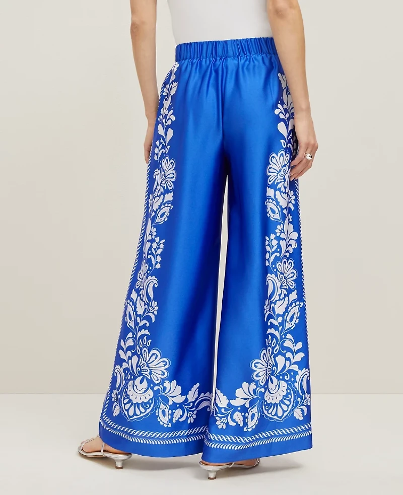 Ann Taylor The Petite Easy Palazzo Pant in Paisley Satin Size 10 Power Blue Women's