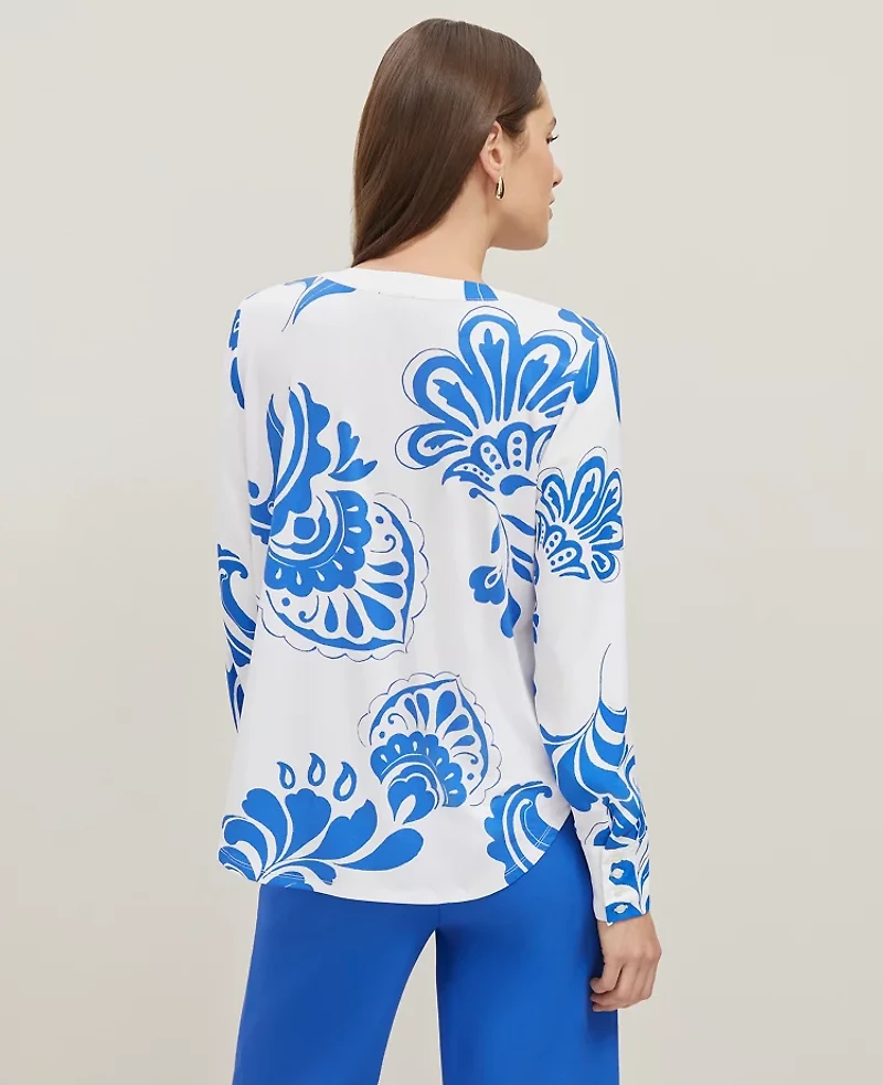 Ann Taylor Petite Floral Mixed Media V-Neck Top Power Blue Women's