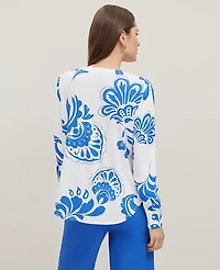 Ann Taylor Petite Floral Mixed Media V-Neck Top Power Blue Women's