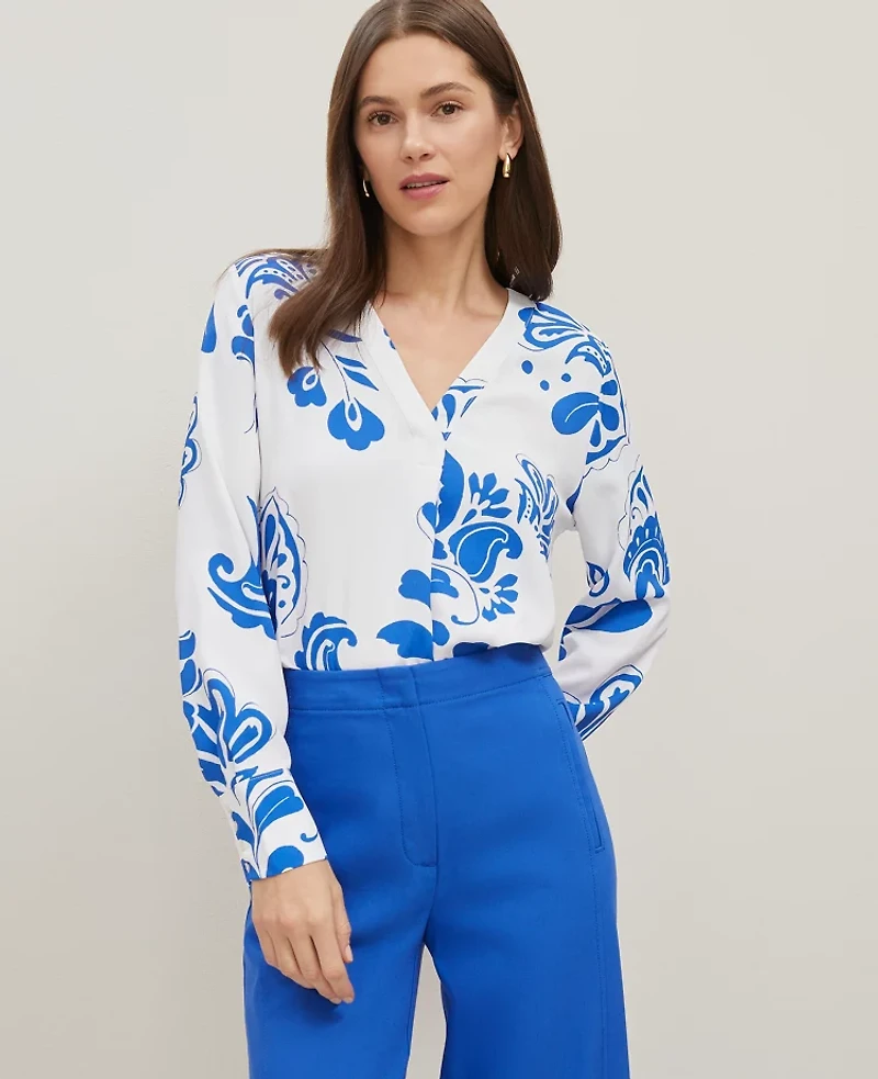 Ann Taylor Petite Floral Mixed Media V-Neck Top Power Blue Women's