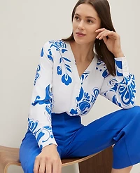 Ann Taylor Petite Floral Mixed Media V-Neck Top Power Blue Women's