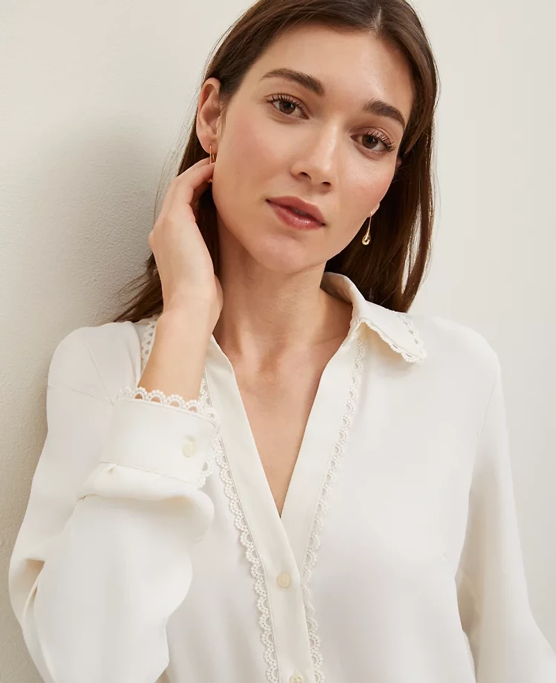 Ann Taylor Lace Trim Essential Shirt Winter White Women's