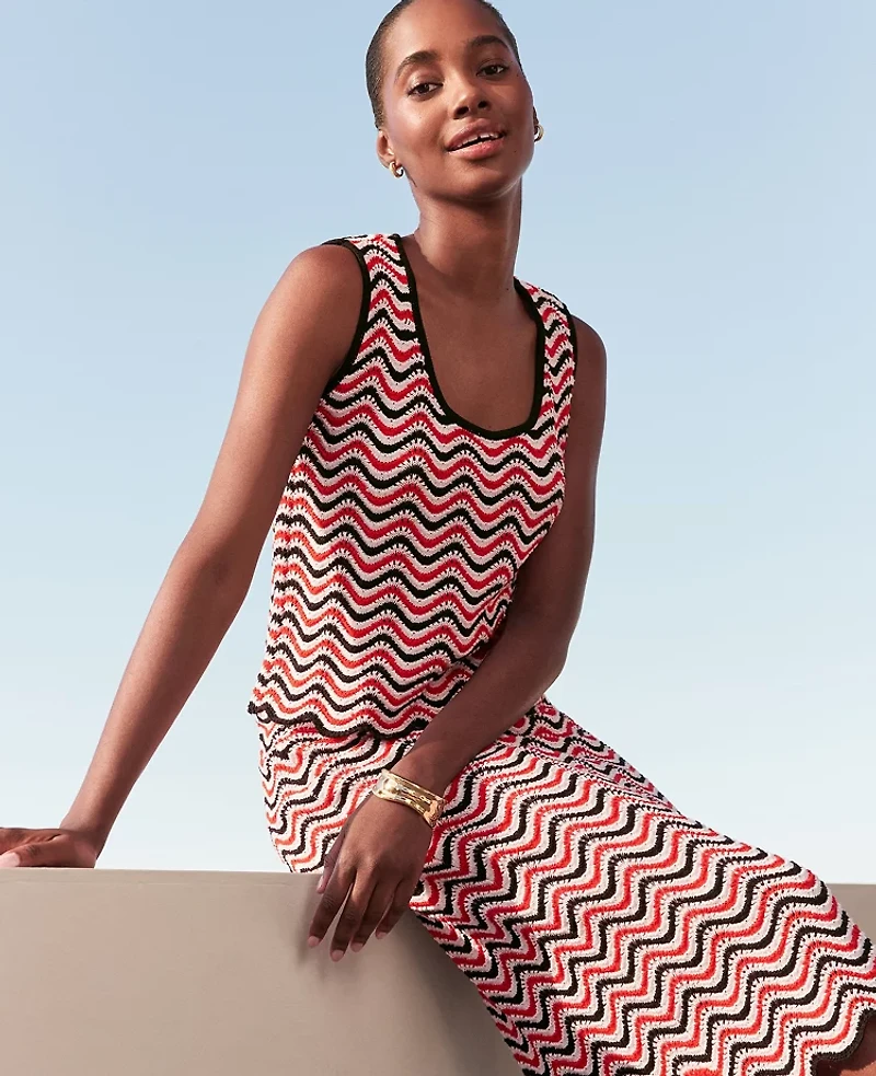 Ann Taylor Petite Striped Crochet Sweater Shell Top Red/Black Multi Women's