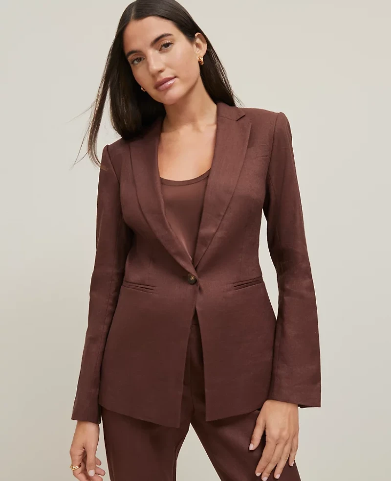 Ann Taylor The Notched One Button Blazer Linen Blend Rich Walnut Women's