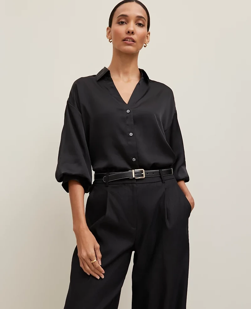 Ann Taylor Petite Blouson Sleeve Shirt Size Medium Black Women's