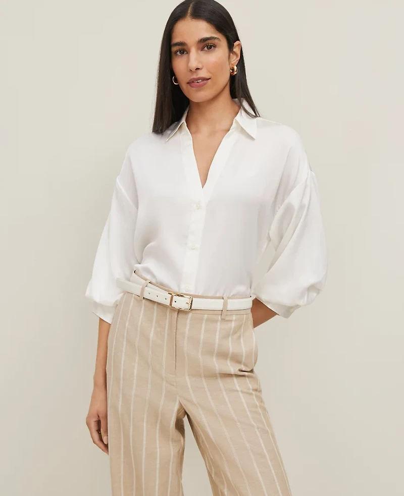 Ann Taylor Petite Blouson Sleeve Shirt Size Large Winter White Women's