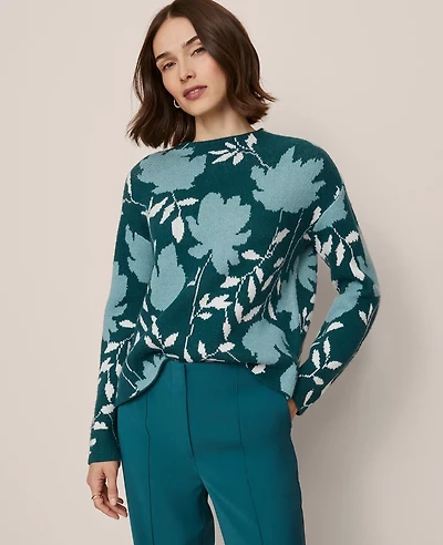 Ann Taylor Floral Jacquard Sweater Deep Atlantic Teal Women's